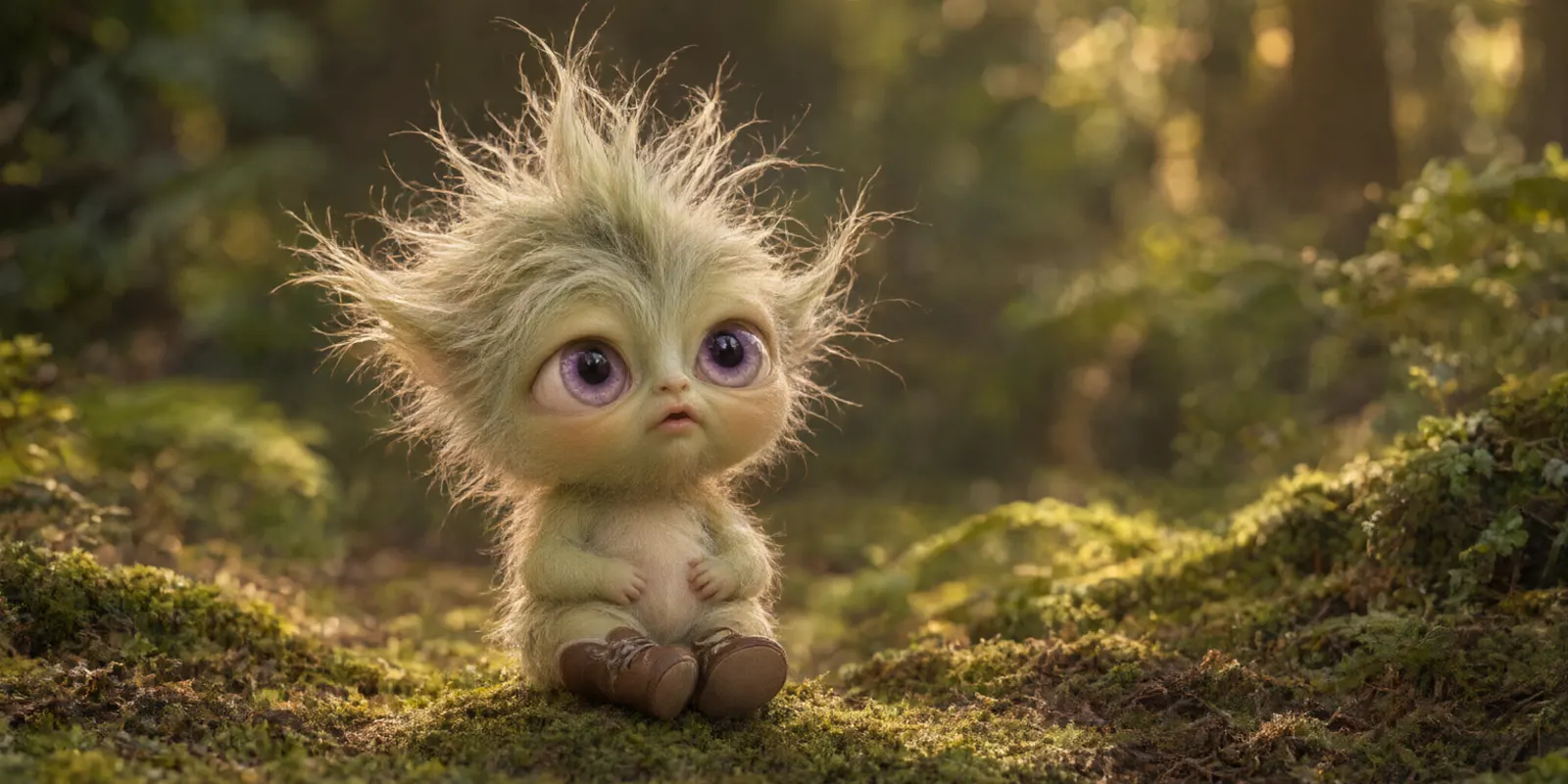 Baby Roo, a small fuzzy green-gold creature with wild hair and big purple eyes, sitting on sunlit moss in brown lace-up boots