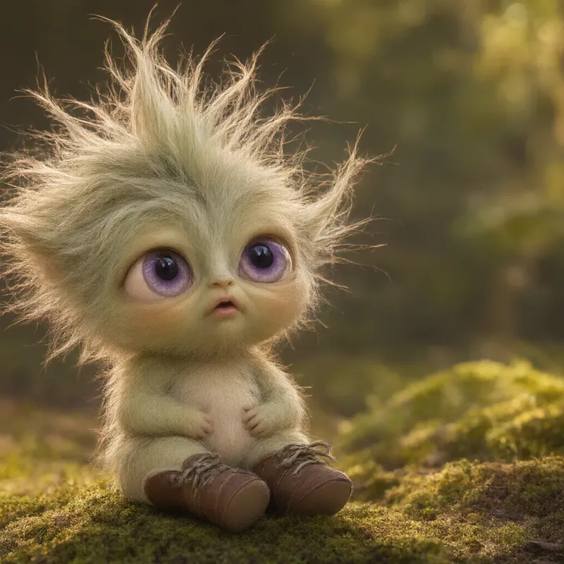 Baby Roo up close on a mound of moss, hair lit from behind